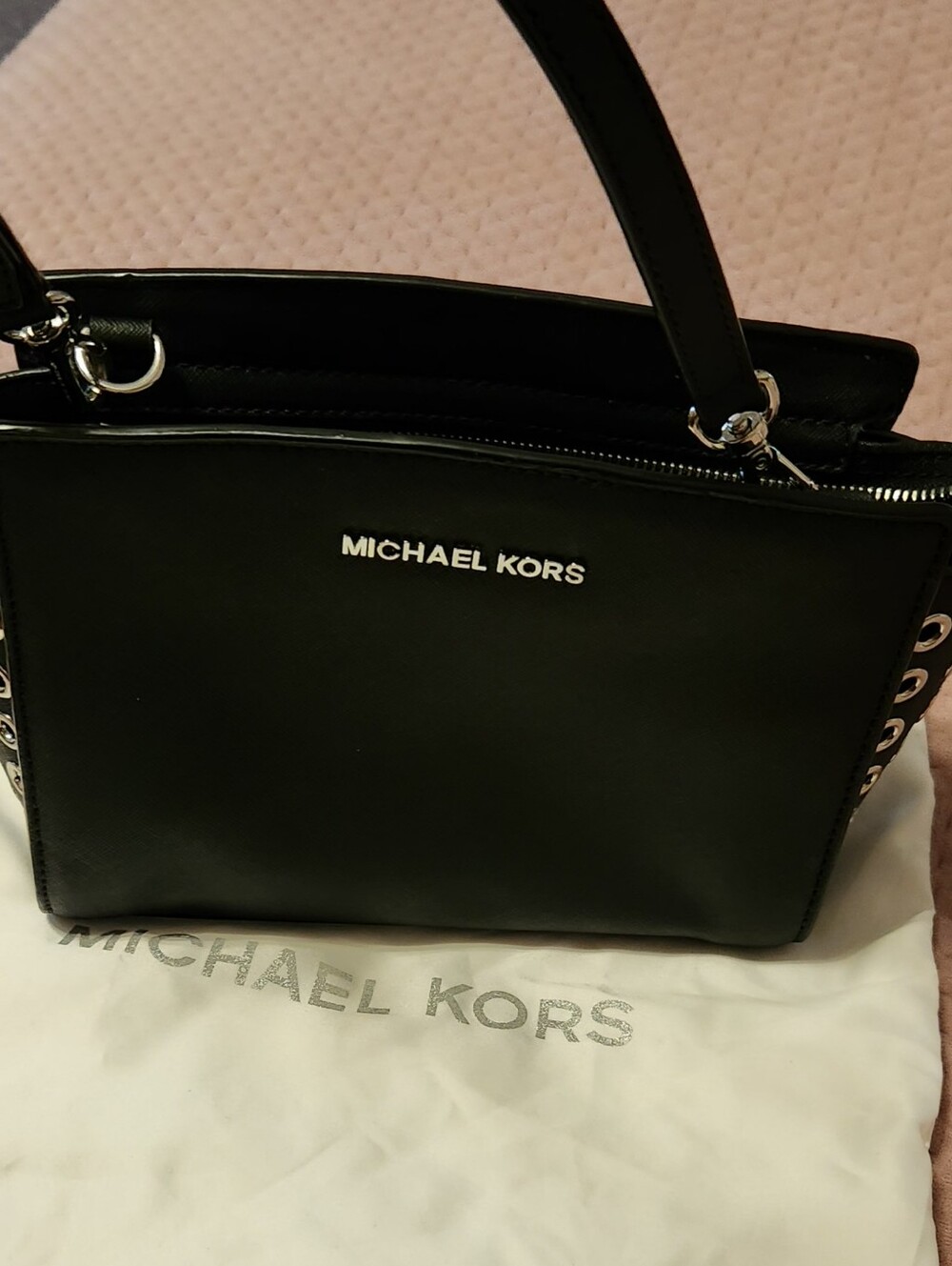 Michael Kors Black Leather Satchel with Silver Hardware